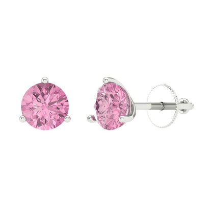 1.5 ctw Pink Zirconia Studs Earrings | 6mm Round Cut White Gold Screw back | April Birthstone