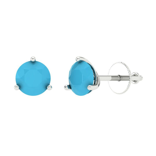 1.5 ctw Turquoise Studs Earrings | 6mm Round Cut White Gold Screw back | December Birthstone
