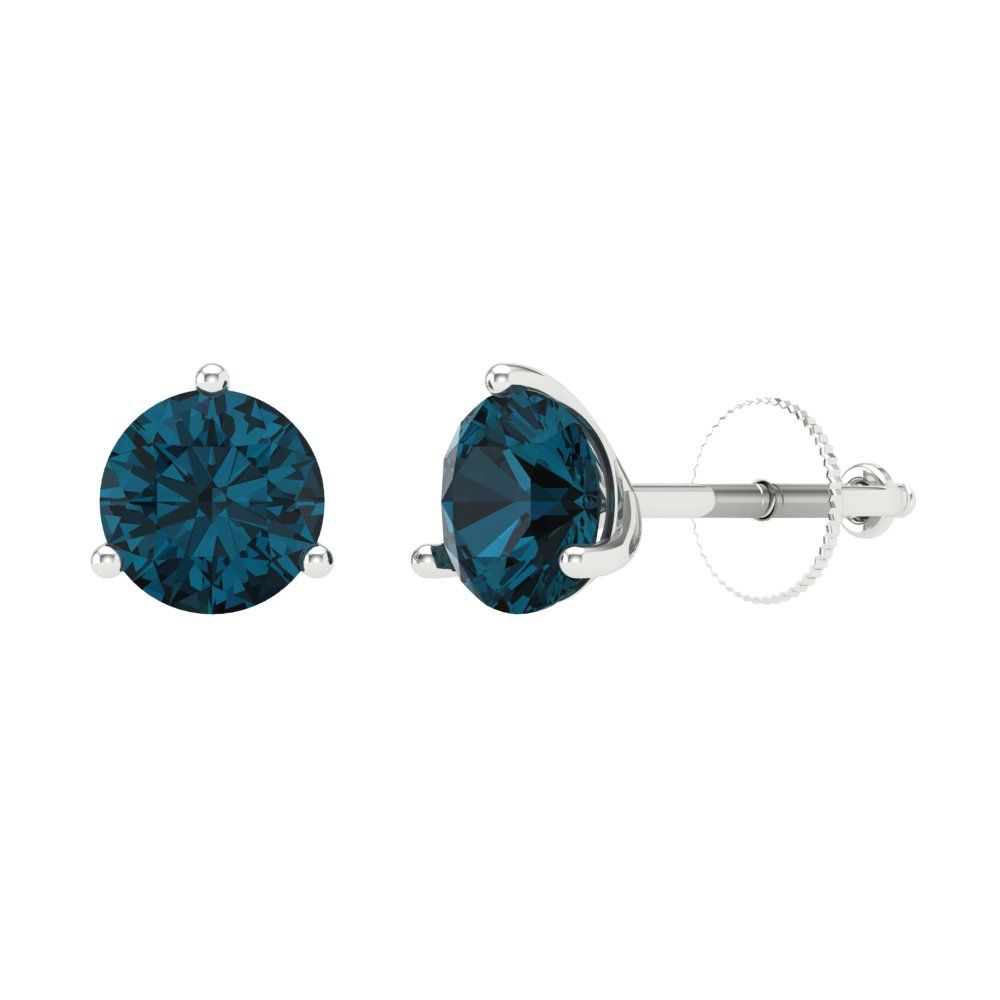 1.5 ctw London Blue Topaz Studs Earrings | 6mm Round Cut White Gold Screw back | December Birthstone