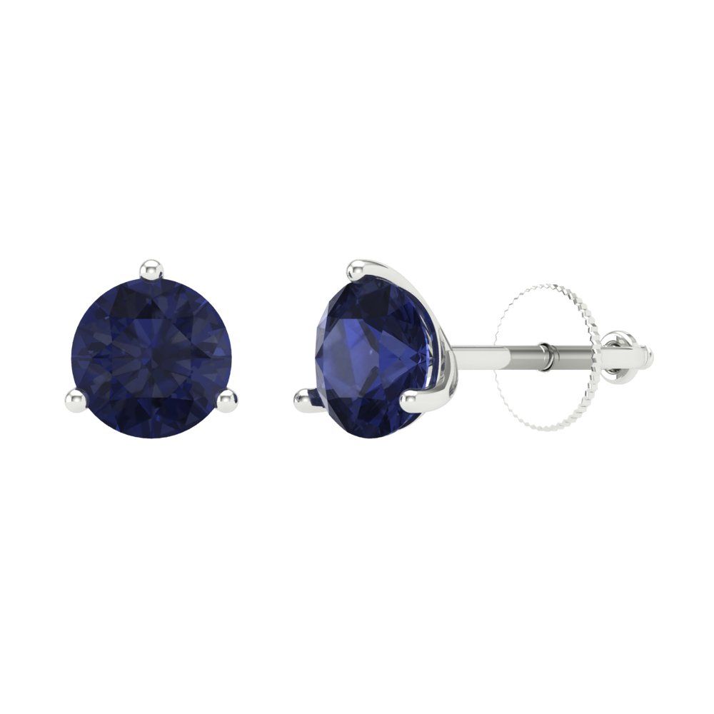 1.5 ctw Blue Sapphire Studs Earrings | 6mm Round Cut White Gold Screw back | September Birthstone