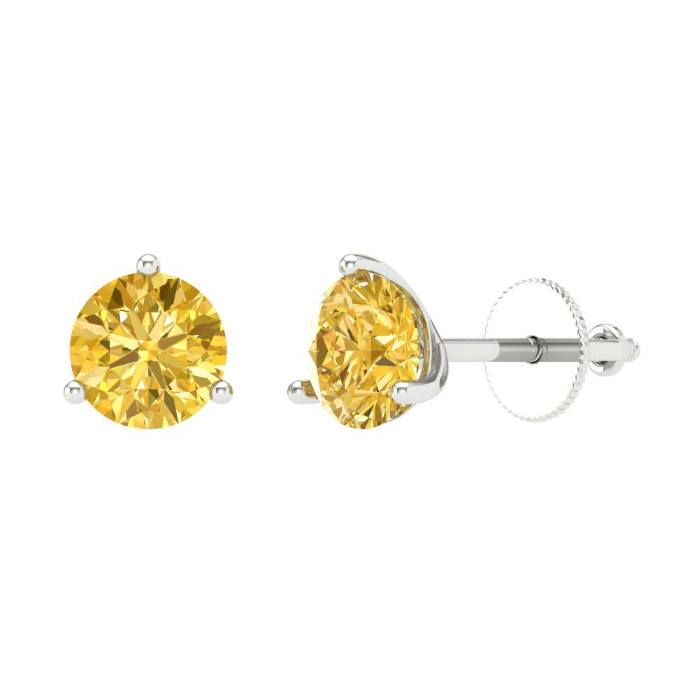 1.5 ctw Yellow Zirconia Studs Earrings | 6mm Round Cut White Gold Screw back | April Birthstone