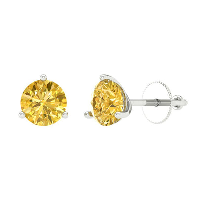 1.5 ctw Yellow Zirconia Studs Earrings | 6mm Round Cut White Gold Screw back | April Birthstone