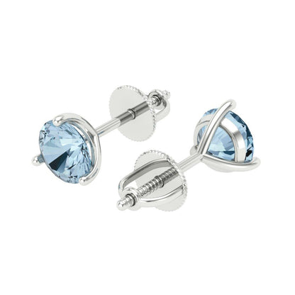 1.5 ctw Aquamarine Studs Earrings | 6mm Round Cut White Gold Screw back | March Birthstone