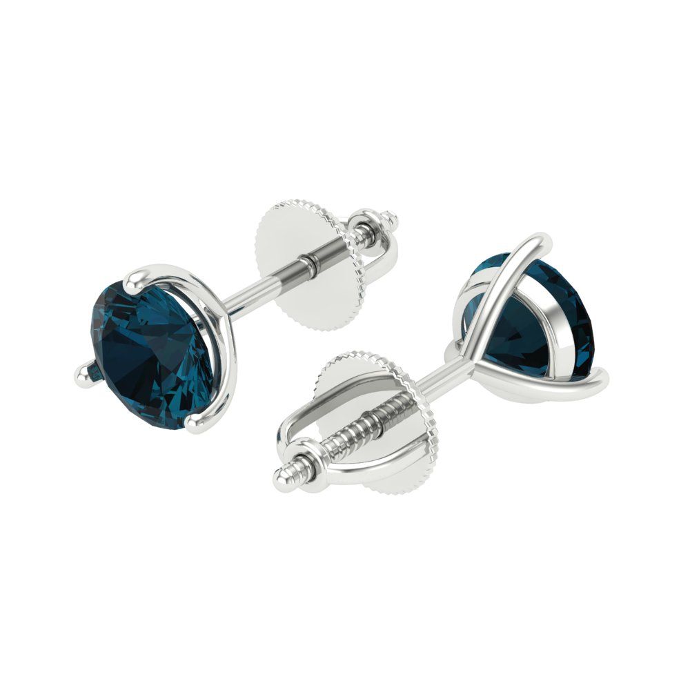 1.5 ctw London Blue Topaz Studs Earrings | 6mm Round Cut White Gold Screw back | December Birthstone