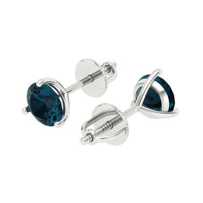 1.5 ctw London Blue Topaz Studs Earrings | 6mm Round Cut White Gold Screw back | December Birthstone