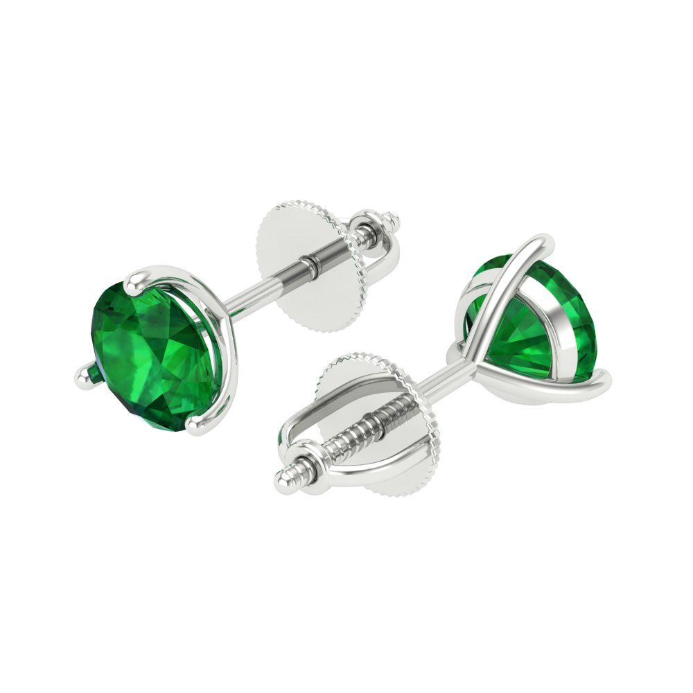 1.5 ctw Emerald Studs Earrings | 6mm Round Cut White Gold Screw back | May Birthstone