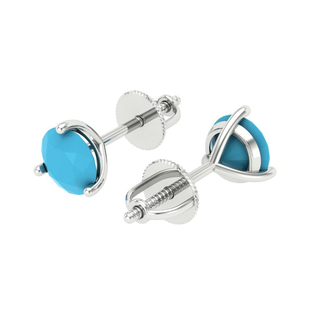 1.5 ctw Turquoise Studs Earrings | 6mm Round Cut White Gold Screw back | December Birthstone