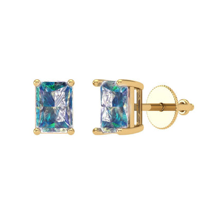 1 ctw Blue Moissanite Studs Earrings | 6x4mm Emerald Cut White Gold Screw back | April Birthstone