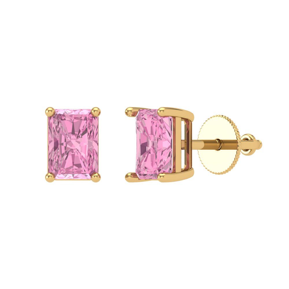 1 ctw Pink Zirconia Studs Earrings | 6x4mm Emerald Cut White Gold Screw back | April Birthstone