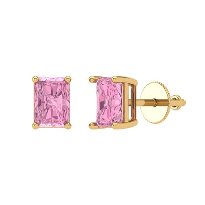 1 ctw Pink Zirconia Studs Earrings | 6x4mm Emerald Cut White Gold Screw back | April Birthstone