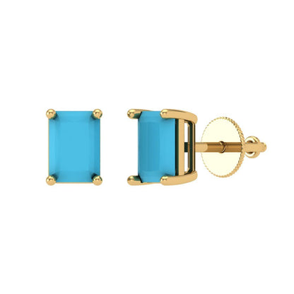 1 ctw Turquoise Studs Earrings | 6x4mm Emerald Cut White Gold Screw back | December Birthstone