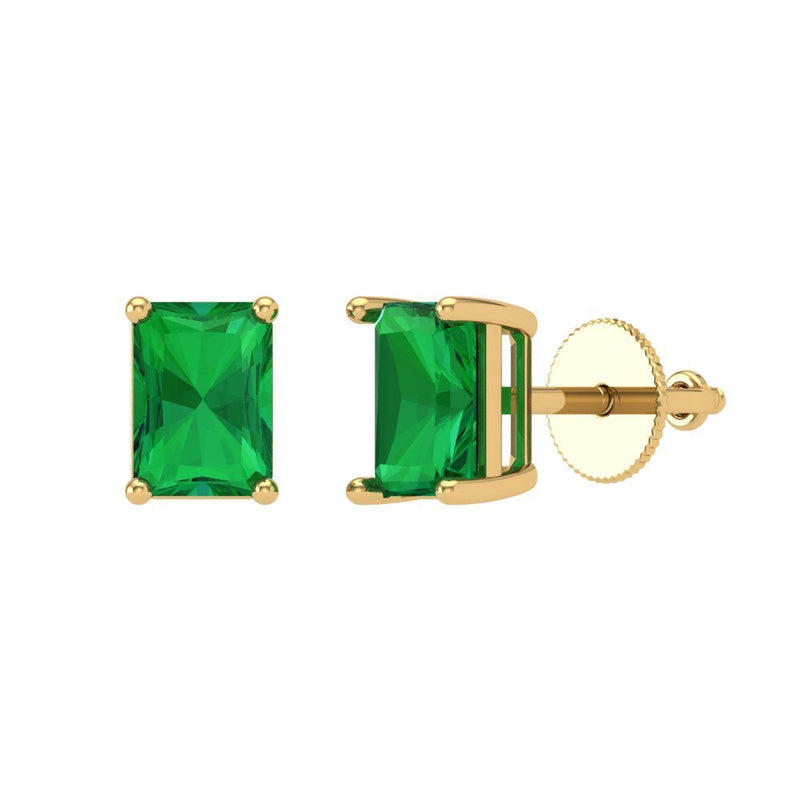1 ct Brilliant Emerald Cut Solitaire Studs Simulated Emerald Stone Yellow Gold Earrings Screw back