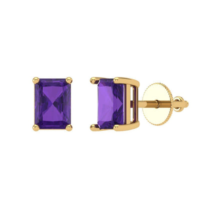 1 ctw Amethyst Studs Earrings | 6x4mm Emerald Cut White Gold Screw back | February Birthstone