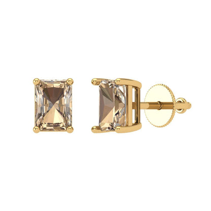 1 ctw Yellow Moissanite Studs Earrings | 6x4mm Emerald Cut White Gold Screw back | April Birthstone