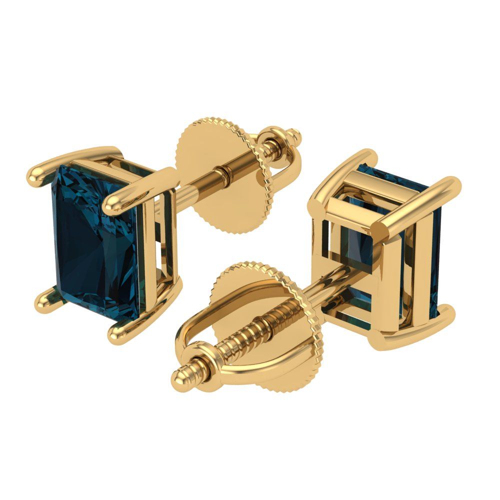 1 ctw London Blue Topaz Studs Earrings | 6x4mm Emerald Cut White Gold Screw back | December Birthstone