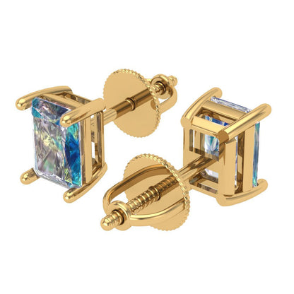 1 ctw Blue Moissanite Studs Earrings | 6x4mm Emerald Cut White Gold Screw back | April Birthstone