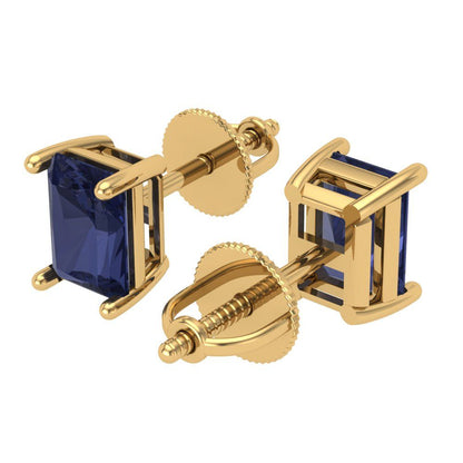 1 ctw Blue Sapphire Studs Earrings | 6x4mm Emerald Cut White Gold Screw back | September Birthstone