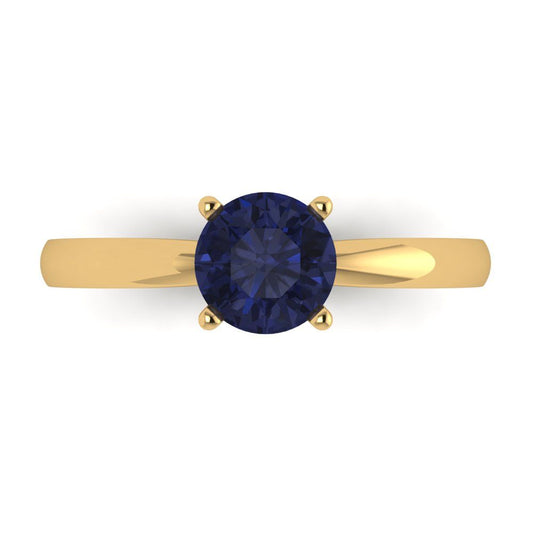 1 cttw Simulated Blue Sapphire Solitaire  Engagement Ring - Solid Yellow Gold (VVS1, Round Cut,6.5mm)