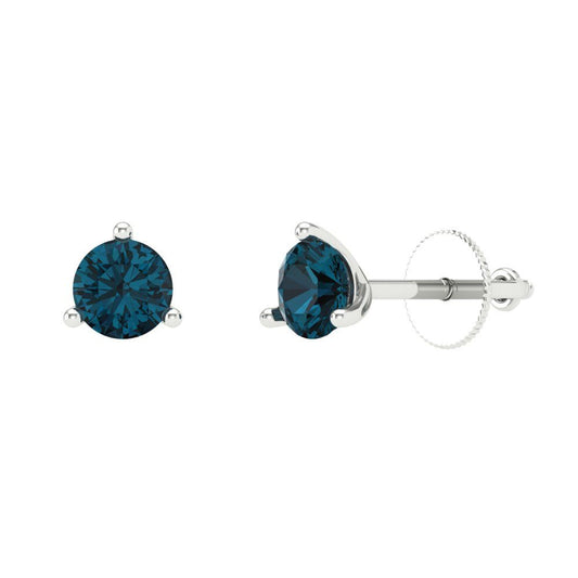 1 ctw London Blue Topaz Studs Earrings | 5mm Round Cut White Gold Screw back | December Birthstone