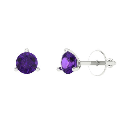 1 ctw Amethyst Studs Earrings | 5mm Round Cut White Gold Screw back | February Birthstone