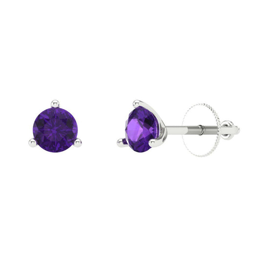 1 ctw Amethyst Studs Earrings | 5mm Round Cut White Gold Screw back | February Birthstone