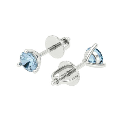 1 ctw Aquamarine Studs Earrings | 5mm Round Cut White Gold Screw back | March Birthstone
