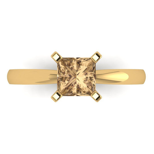 1 cttw Zirconia Simulated Champagne Diamond Solitaire  Engagement Ring - Solid Yellow Gold (VVS1, Princess Cut,5.5mm)