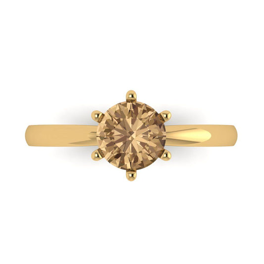 1 cttw Zirconia Simulated Champagne Diamond Solitaire  Engagement Ring - Solid Yellow Gold (VVS1, Round Cut,6.5mm)
