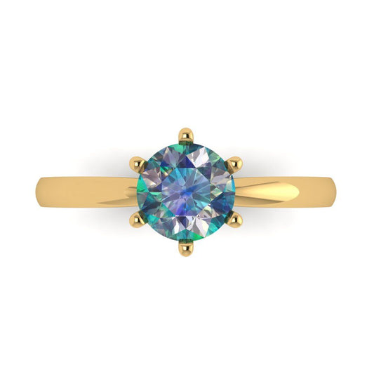 1 cttw Blue Moissanite Solitaire  Engagement Ring - Solid Yellow Gold (VVS1, Round Cut,6.5mm)