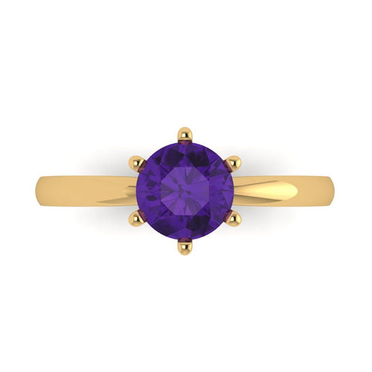 1 cttw Natural Amethyst Solitaire  Engagement Ring - Solid Yellow Gold (VVS1, Round Cut,6.5mm)