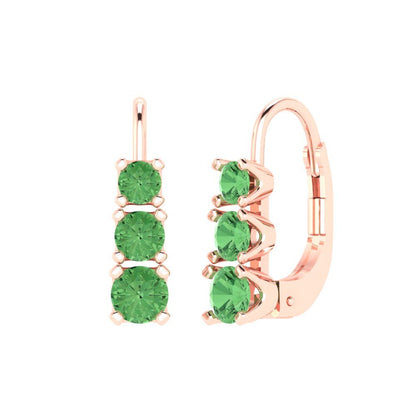 1.06 ctw Green Zirconia Drop Dangle Earrings | 4mm Round Cut White Gold Lever Back | April Birthstone