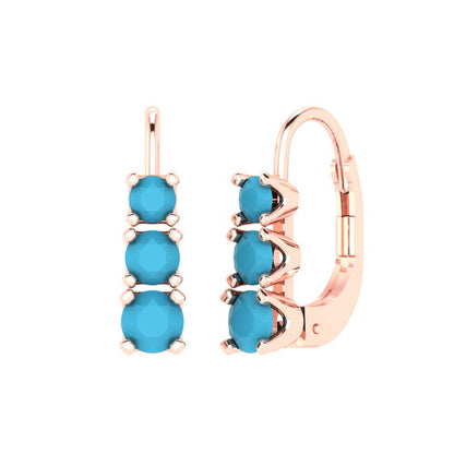 1.06 ctw Turquoise Drop Dangle Earrings | 4mm Round Cut White Gold Lever Back | December Birthstone