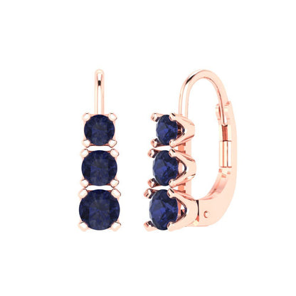 1.06 ctw Blue Sapphire Drop Dangle Earrings | 4mm Round Cut White Gold Lever Back | September Birthstone