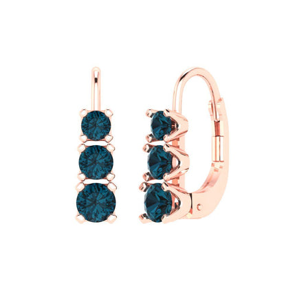 1.06 ctw London Blue Topaz Drop Dangle Earrings | 4mm Round Cut White Gold Lever Back | December Birthstone