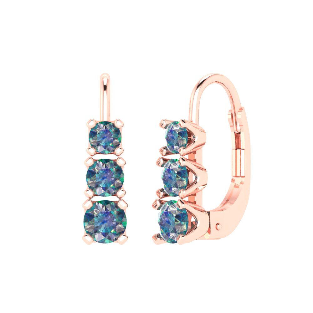 1.06 ctw Blue Moissanite Drop Dangle Earrings | 4mm Round Cut White Gold Lever Back | April Birthstone