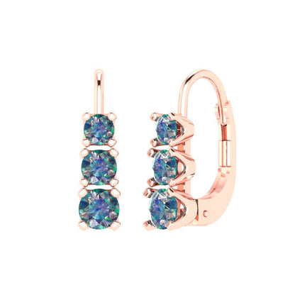 1.06 ctw Blue Moissanite Drop Dangle Earrings | 4mm Round Cut White Gold Lever Back | April Birthstone