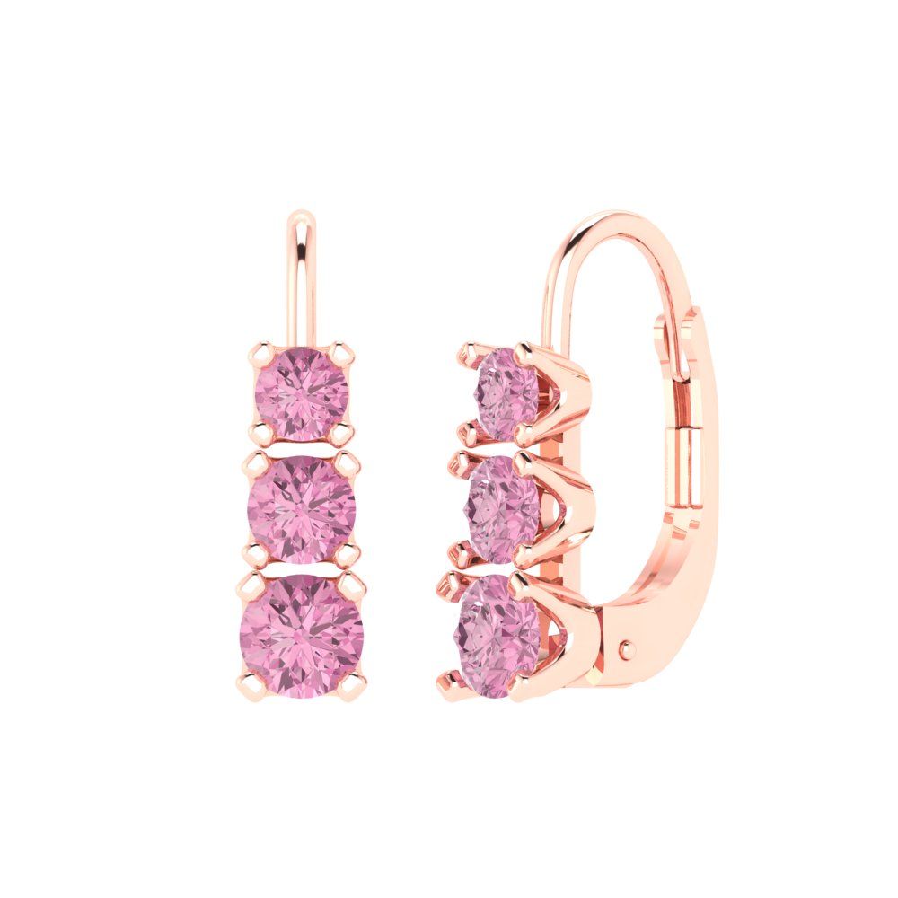 1.06 ctw Pink Zirconia Drop Dangle Earrings | 4mm Round Cut White Gold Lever Back | April Birthstone