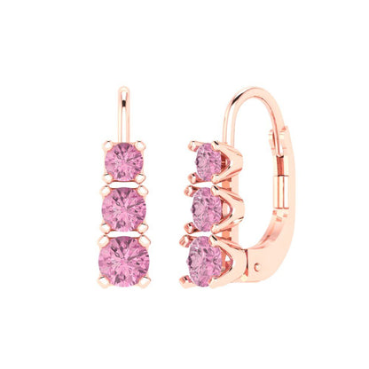 1.06 ctw Pink Zirconia Drop Dangle Earrings | 4mm Round Cut White Gold Lever Back | April Birthstone