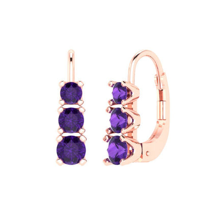 1.06 ctw Amethyst Drop Dangle Earrings | 4mm Round Cut White Gold Lever Back | February Birthstone