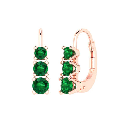 1.06 ctw Emerald Drop Dangle Earrings | 4mm Round Cut White Gold Lever Back | May Birthstone