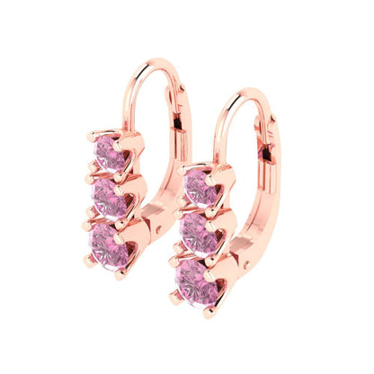 1.06 ctw Pink Zirconia Drop Dangle Earrings | 4mm Round Cut White Gold Lever Back | April Birthstone