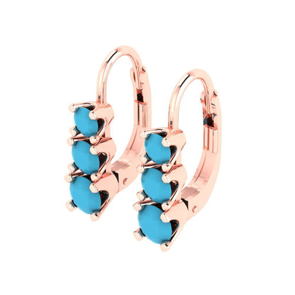 1.06 ctw Turquoise Drop Dangle Earrings | 4mm Round Cut White Gold Lever Back | December Birthstone