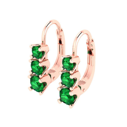 1.06 ctw Emerald Drop Dangle Earrings | 4mm Round Cut White Gold Lever Back | May Birthstone