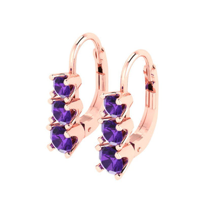 1.06 ctw Amethyst Drop Dangle Earrings | 4mm Round Cut White Gold Lever Back | February Birthstone