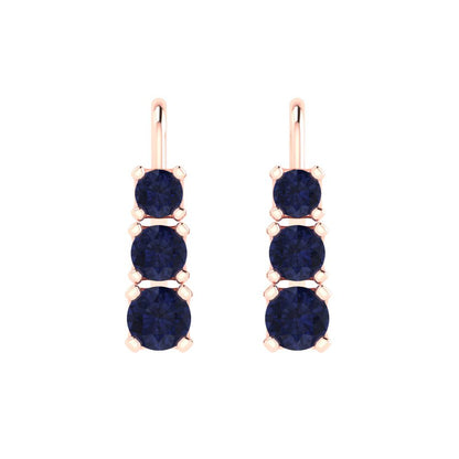1.06 ctw Blue Sapphire Drop Dangle Earrings | 4mm Round Cut White Gold Lever Back | September Birthstone