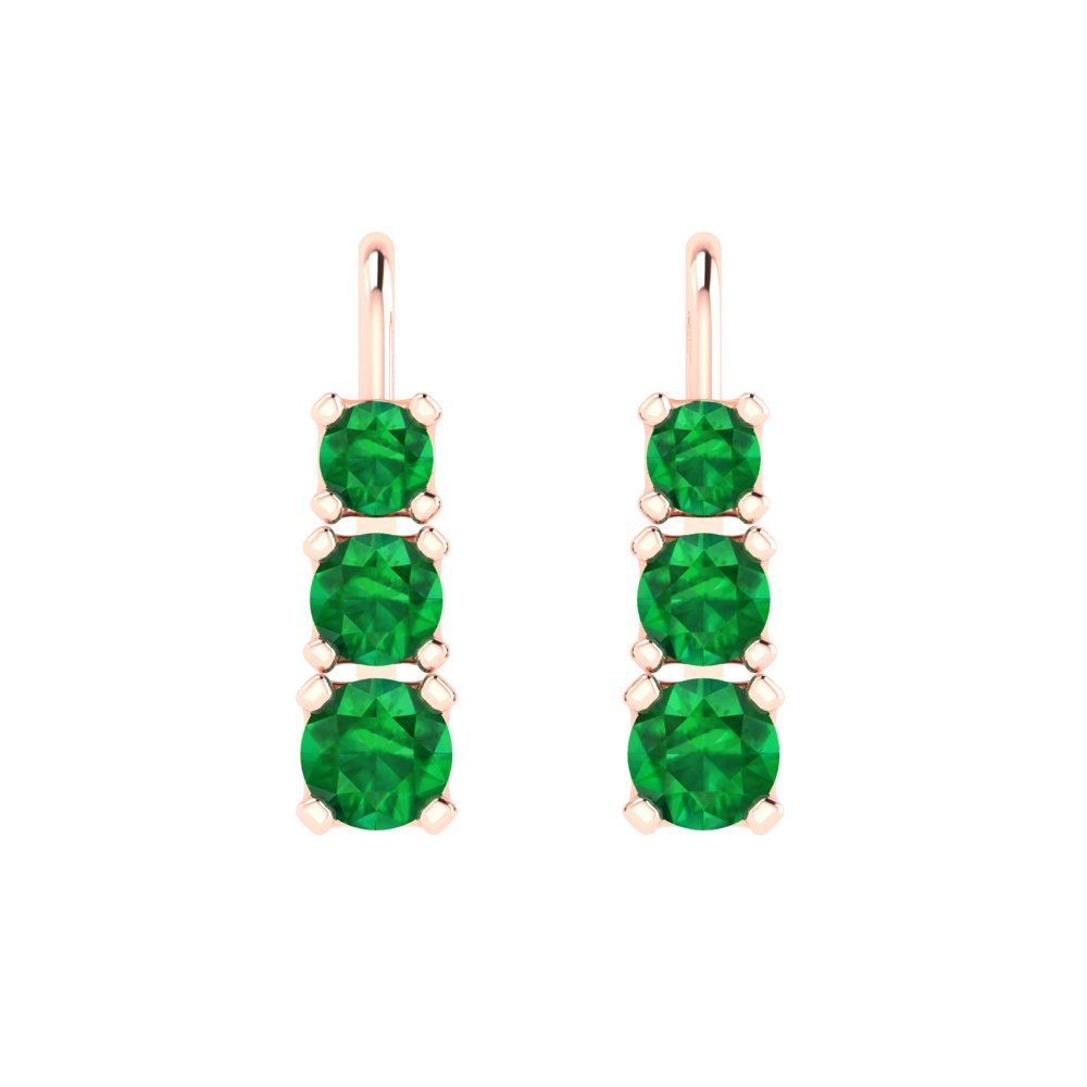 1.06 ctw Emerald Drop Dangle Earrings | 4mm Round Cut White Gold Lever Back | May Birthstone