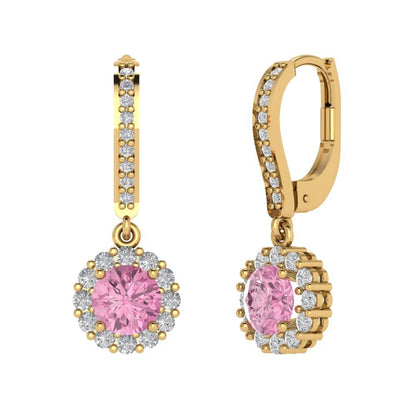 2.235 ctw Pink Zirconia Drop Dangle Earrings | 6mm Round Cut White Gold Lever Back | April Birthstone
