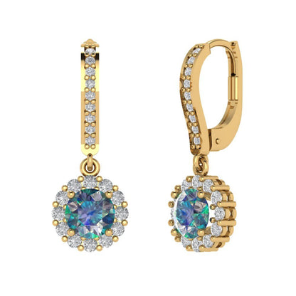 2.235 ctw Blue Moissanite Drop Dangle Earrings | 6mm Round Cut White Gold Lever Back | April Birthstone