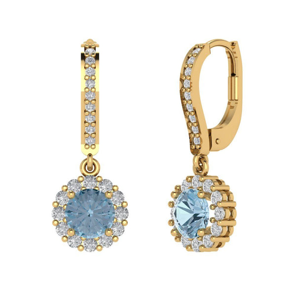 2.25 ct Brilliant Round Cut Halo Drop Dangle Natural Aquamarine Stone Yellow Gold Earrings Lever Back