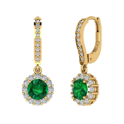 2.235 ctw Emerald Drop Dangle Earrings | 6mm Round Cut White Gold Lever Back | May Birthstone